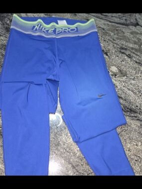 Nike Womens Blue Compression Leggings with Neon-Trim Waistband